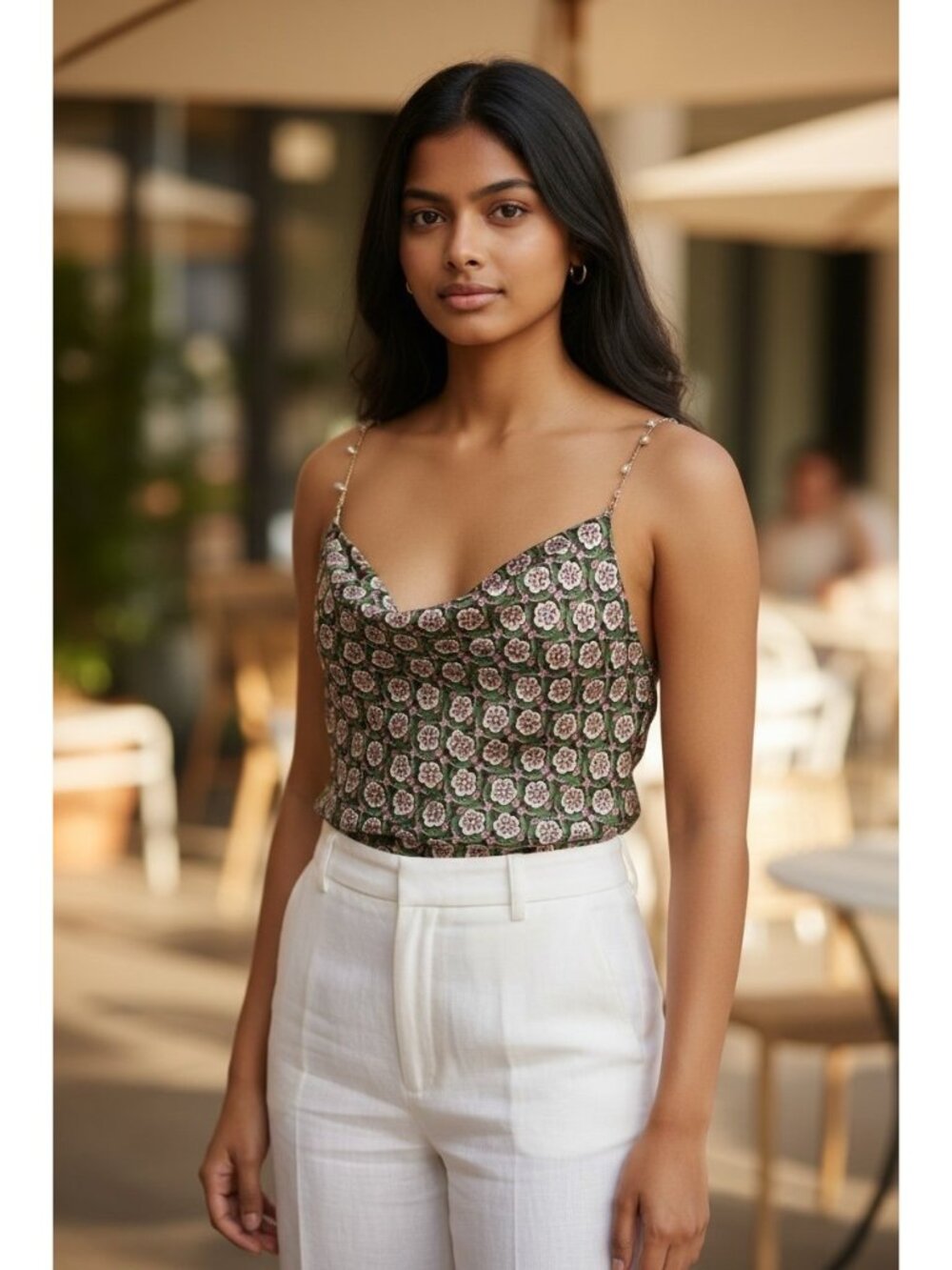 Bishop + Young Beaded Chain Strap Cowl Neck Cami Size M Clover Print